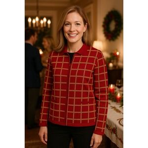 Karen Lessly Red Gold Plaid Zip Up Collar Sweater Women's Size L